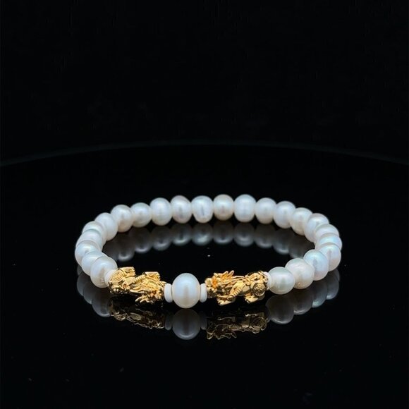 18K Gold Dragon Pixiu Double Piyao Bracelet Gemstones Pearl June Birthstones 6mm - Picture 5 of 6